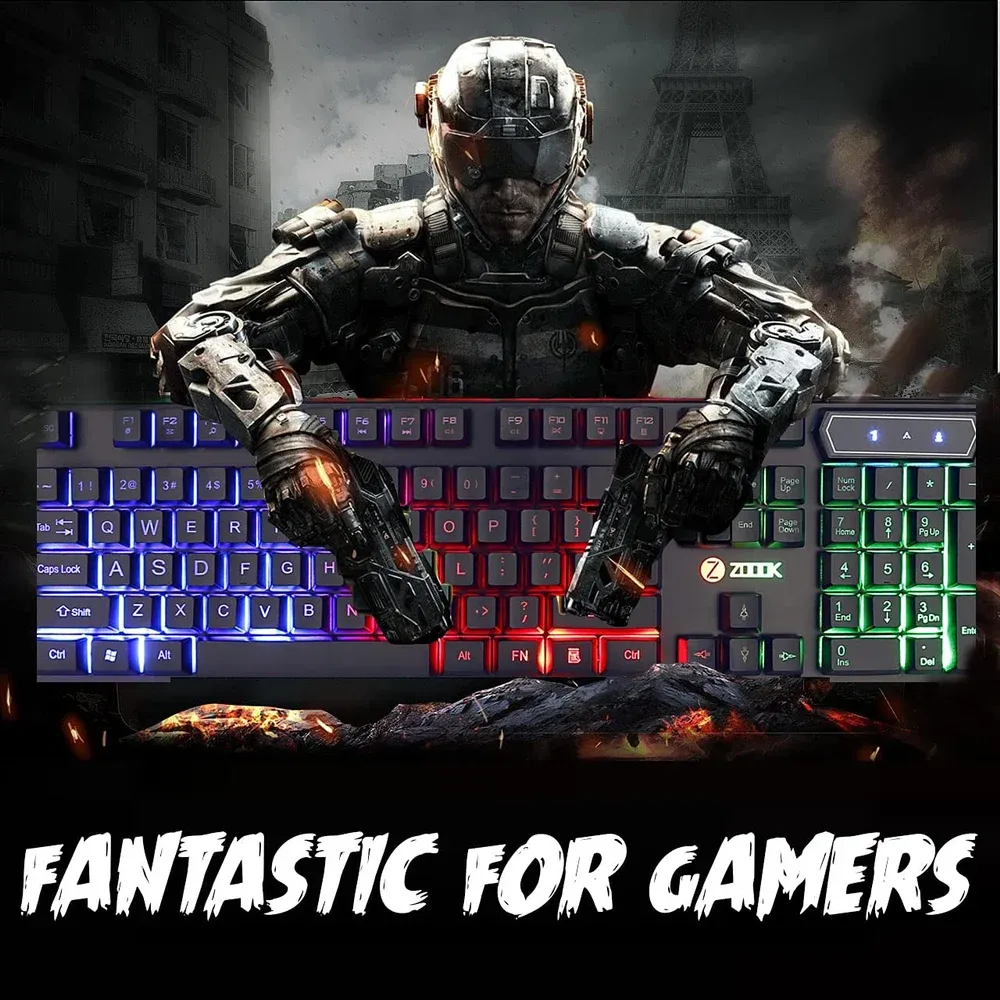 Zoook Concord Gaming Keyboard Rainbow Lights 104 Keys Ergonomic Multimedia Keyboard Splash Proof-Black